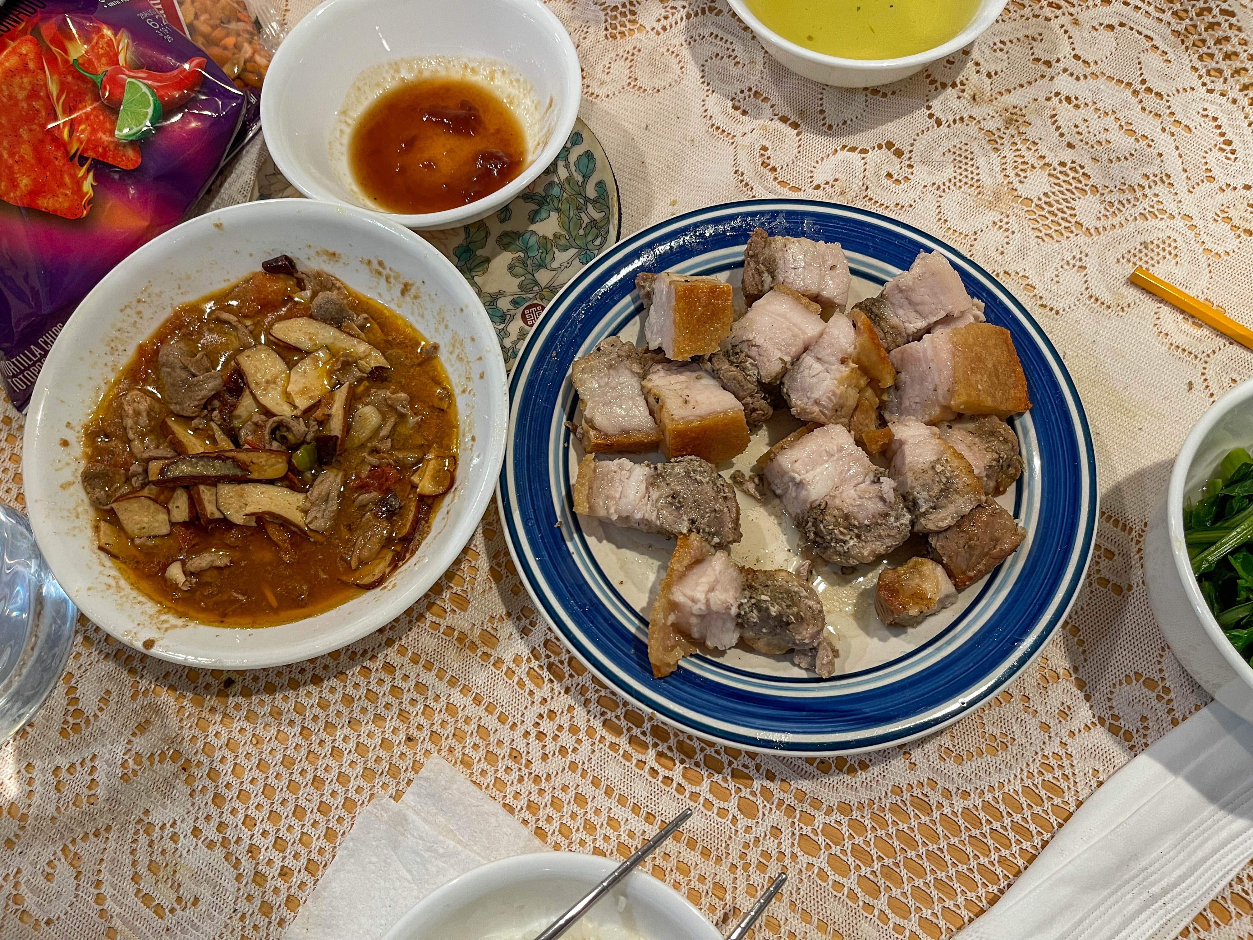 Some stuff I made for dinner -- crispy pork belly and stir fried pork with dried tofu