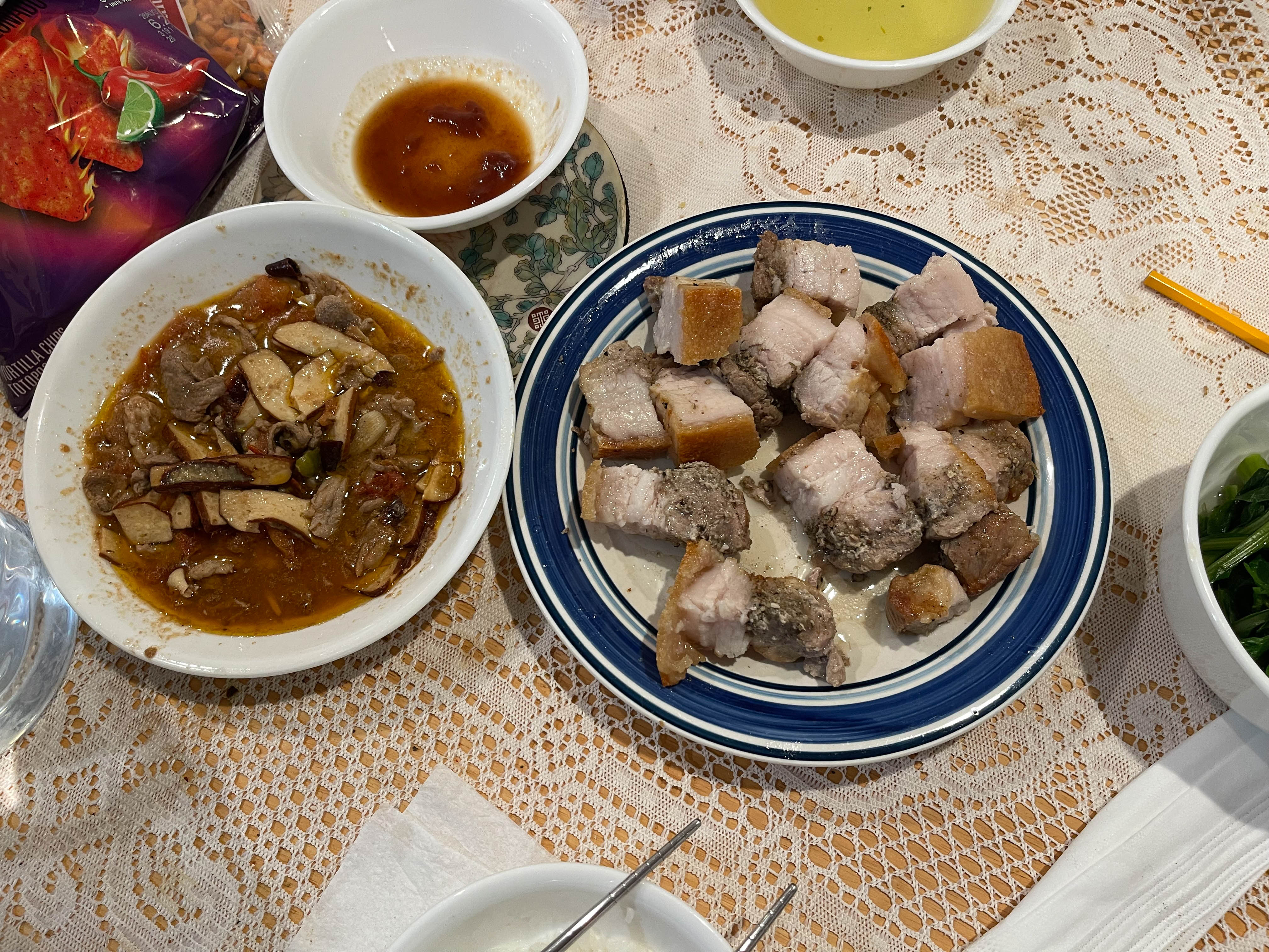 Unedited version of Some stuff I made for dinner -- crispy pork belly and stir fried pork with dried tofu